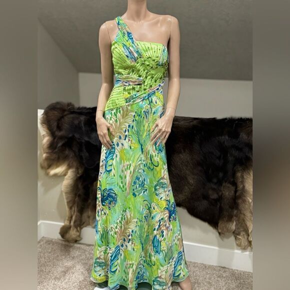 Chic Design One-Shoulder Floral-print Beaded Chiffon Evening Dress - Picture 7 of 16